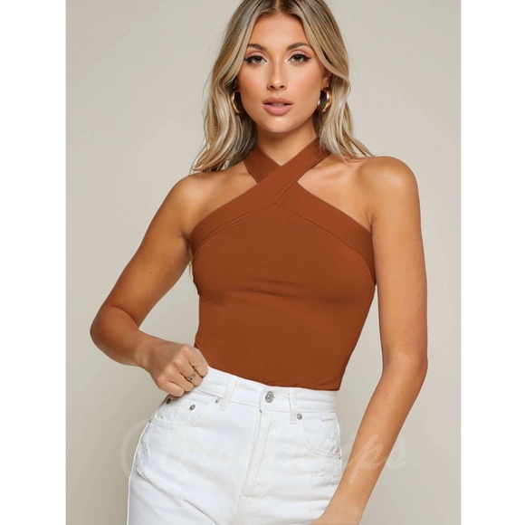 Rust Brown Halter Tank Top Criss Cross Slim Fit - Picture 6 of 7